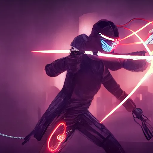 Image similar to a cyberpunk ninja fighting and wielding an electric rope dart. concept art, award winning. 4 k