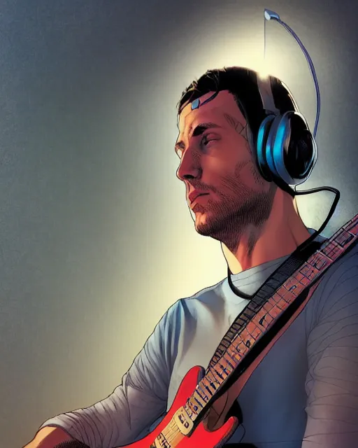 Prompt: a comic book cover of a superhero wearing headphones, by jon foster, detailed render, cybernetics, 4 k realistic, fender stratocaster, cryengine, realistic shaded lighting, sharp focus