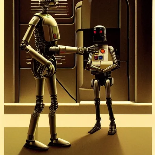 Image similar to ig-88 talking in the cantina, artwork by ralph mcquarrie