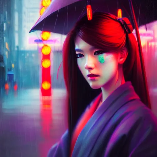 Image similar to photographic close - up portait of a beautiful young cyberpunk geisha half body in a kimono in city with neon lights, ambient lights, rainy day, digital painting, highly detailed, glowing lights, art station, by greg rutkowski