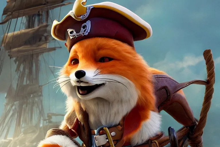 Image similar to promotional image of a fox as a pirate captain in the new pixar movie, very detailed face, movie still frame, promotional image, imax 70 mm footage, oil painting, illustration, concept art