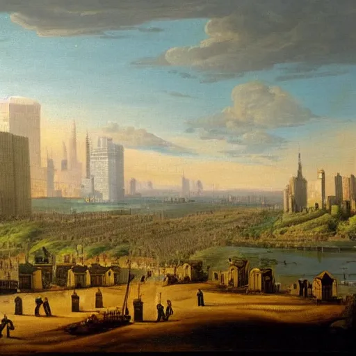 Image similar to New York City in 1750,viewed by a soldier, in the style of the Hudson River School
