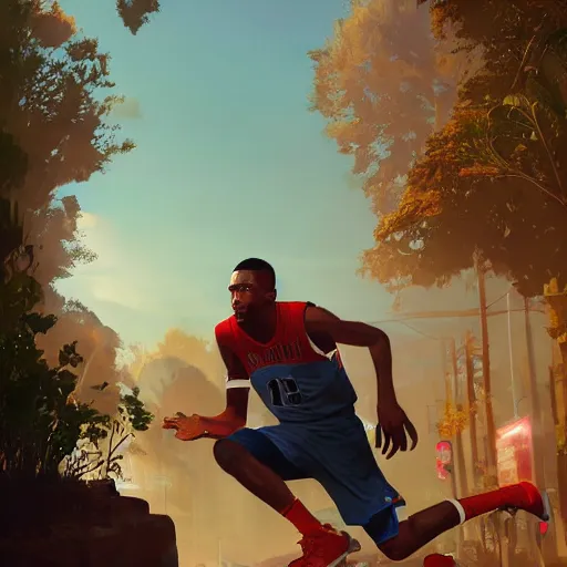 Image similar to highly detailed basketball player, in gta v, stephen bliss, unreal engine, fantasy art by greg rutkowski, loish, rhads, ferdinand knab, makoto shinkai and lois van baarle, ilya kuvshinov, rossdraws, tom bagshaw, global illumination, radiant light, detailed and intricate environment