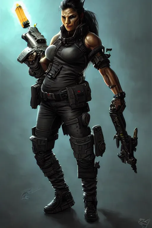 Image similar to gina carano as a shadowrun ork with prothesis metallic left arm, casual black clothing, muscular, realistic proportions, casual pose, large portrait, sci - fi, rpg character, digital painting, artstation, concept art, smooth, 8 k frostbite 3 engine, ultra detailed, art by artgerm and greg rutkowski and magali villeneuve
