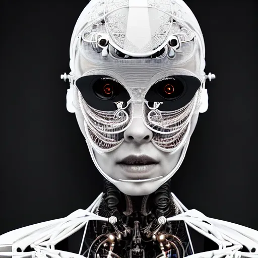 Prompt: portrait of an absurdly beautiful, graceful, sophisticated, fashionable cyberpunk mechanoid, wires, machines, skulls, digital displays, hyperdetailed illustration by irakli nadar and alexandre ferra, intricate linework, white porcelain skin, vr headset, unreal engine 5 highly rendered, global illumination, radiant light, detailed and intricate environment