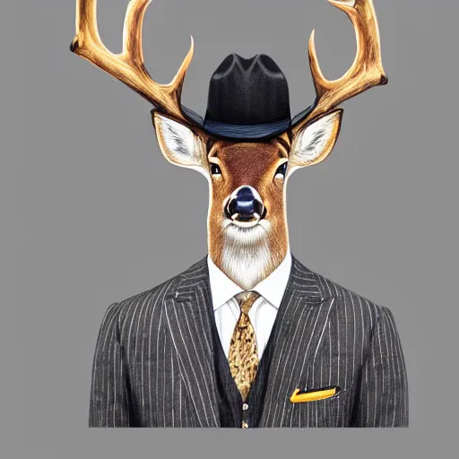 Image similar to a upper body portrait of a deer in a pinstriped suit and pants wearing a fedora with the antlers sticking out of the fedora by artgerm and wlop, intricate detail, digital art, photorealistic, trending on artstation