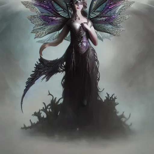 Image similar to tom bagshaw, soft painting fractal curiosities fairy carnival, single beautiful female facing camera huge wings in full nightshade gothic armor, accurate features, focus, very intricate ultrafine details, black white purple volumetric clouds, award winning masterpiece, octane render 8 k hd