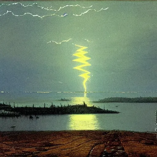 Prompt: landscape of lightning in the style of john atkinson grimshaw