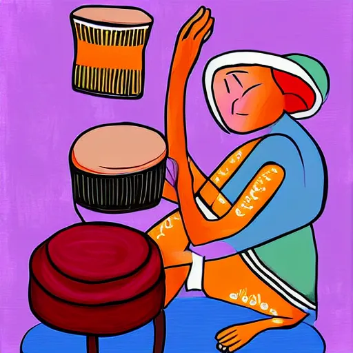 Image similar to a babushka playing drums, some people in the background are doing yoga to the beats, digital art