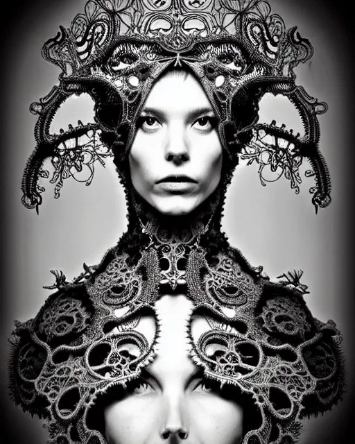 Image similar to surreal black and white photo portrait of complex bio-mechanical beautiful young female vegetal-cyborg with a Mandelbrot fractal steampunk metal fine lace face, a very long neck and a fine metal floral foliage super big lace collar by Alexander McQueen:: high fashion, haute couture, rococo, steampunk, silver filigree details, anatomical, facial muscles, cable wires, microchip, elegant, dreamy, foggy, hyper realistic, 150 mm lens, soft rim light, octane render, unreal engine, picture was taken in 1910 by Dora Maar, volumetric lighting, dramatic light,8k,