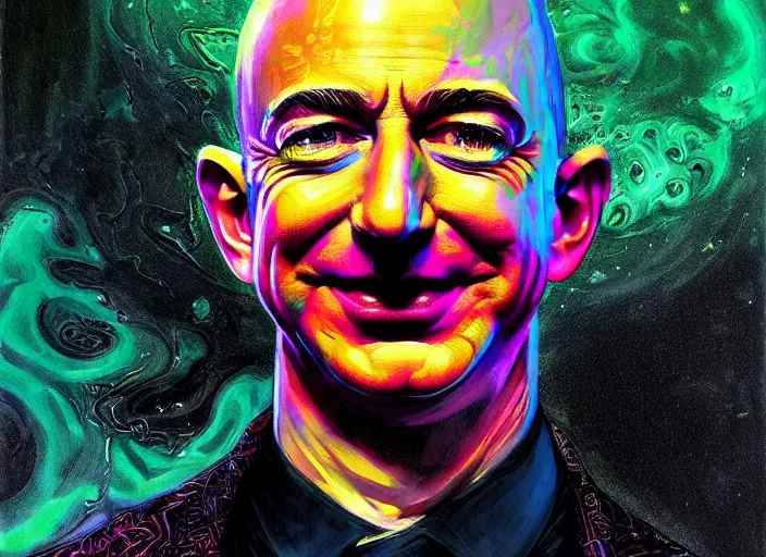 Prompt: A psychedelic portrait of evil demonic jeff bezos engulfed in puddle of black ink, vibrant color scheme, highly detailed, in the style of romanticism, cinematic, artstation, Moebius, Greg rutkowski