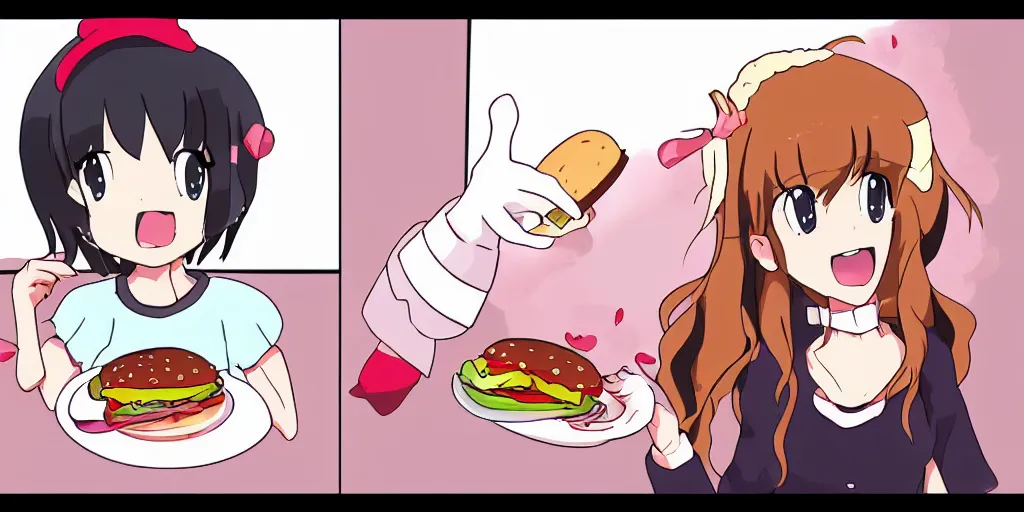 Prompt: a cute anime girl eating a hamburger, drawn in the style of studio trigger, H 640