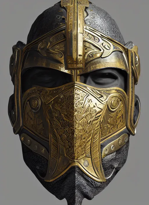 Prompt: concept art of ancient soldier wearing an armoured facemask, with intricate carving details in black and gold, ultra realistic, octane render, 8 k, hd, realistic lighting