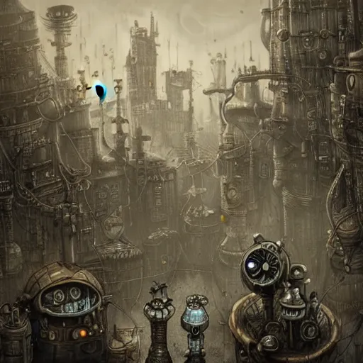 Image similar to machinarium city, steampunk style, fantasy style, super high detail, super high quality, talented artist, trending on artstation