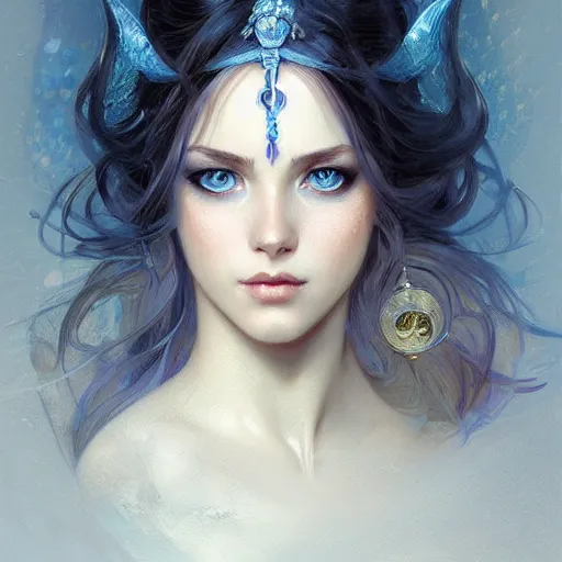 Prompt: portrait of astonishingly beautiful girl, blue eyes, face, fantasy, intricate, elegant, highly detailed, digital painting, artstation, concept art, smooth, sharp focus, illustration, art by artgerm and greg rutkowski and alphonse mucha