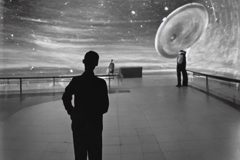 Prompt: black and white photography, a young man stands in the planetarium, decisive moment, anri cartier bresson