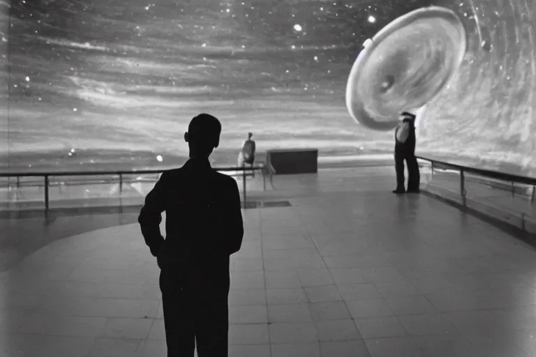 Image similar to black and white photography, a young man stands in the planetarium, decisive moment, anri cartier bresson