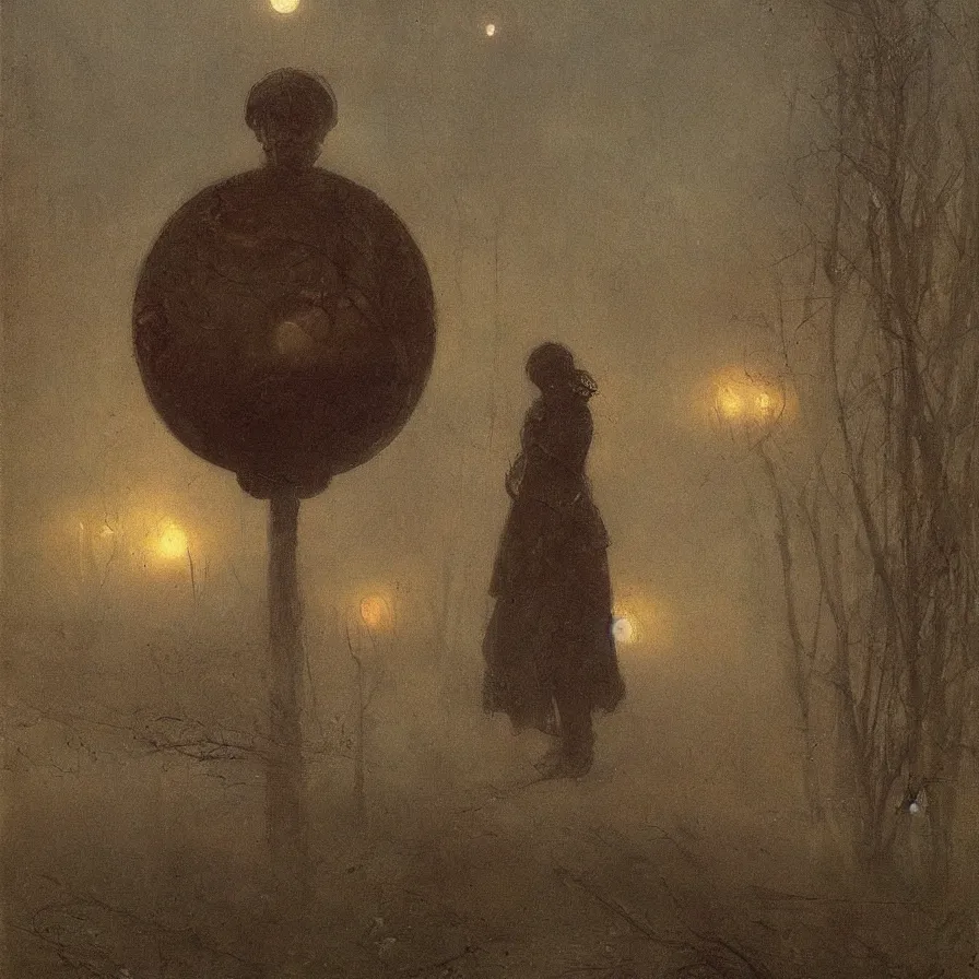 Prompt: artwork about a sad sphere - headed character, by viktor vasnetsov. atmospheric ambiance. depth of field and tridimensional perspective. foggy.