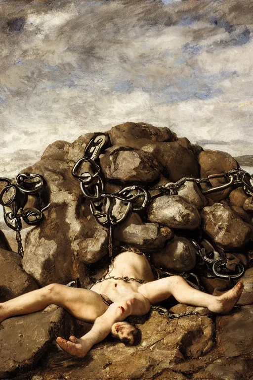 Prompt: chains an rocks and broken mirrors, 8 k, hdr, great light, gustave courbet, annie leibowitz