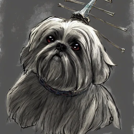 Image similar to intricate painting of a shih tzu as a mighty dark souls boss, concept art