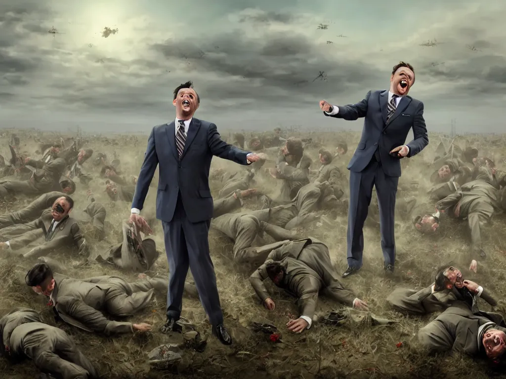 Image similar to one Comedian in suit and tie performing in a battle-field with dead bodies on the ground, comedian is funny, performing to dead soldiers, nuclear bomb in far horizon, apocalypse, trending on artstation, single man in suit, artstationHD, hyperdetailed matte painting, highly detailed, digital painting, hyper-realistic, realistic, photo-realistic