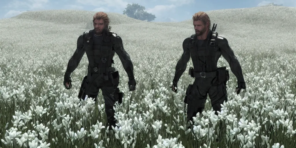 Prompt: Snake from metal gear solid standing in a field of white flowers, unreal engine 5, hyperdetailed, cinematic