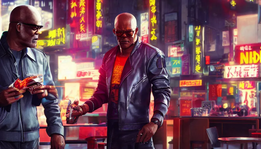 Prompt: samuel l jackson and johnny silverhand in night city eating chinese takeaway, cyberpunk 2 0 7 7, rendering, wallpaper, concept art, digital art