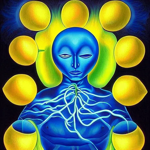 Image similar to Alex Grey painting of a lemon god