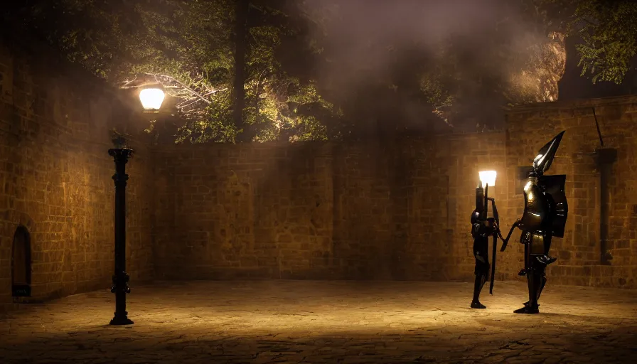 Image similar to A wide shot of two knights in armour duelling in a courtyard at evening. Torches glow in the background. Bokeh, fog, cinematography.