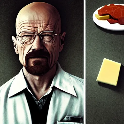 Prompt: walter white with a price of cheese for a head cheese for a head, cinematic photography, trending on artstation,