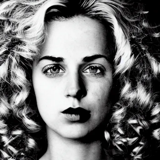 Image similar to symmetrical human portrait of lisa simpson with blonde curly hair, grainy high contrast black and white photography photo print ilford warm tone