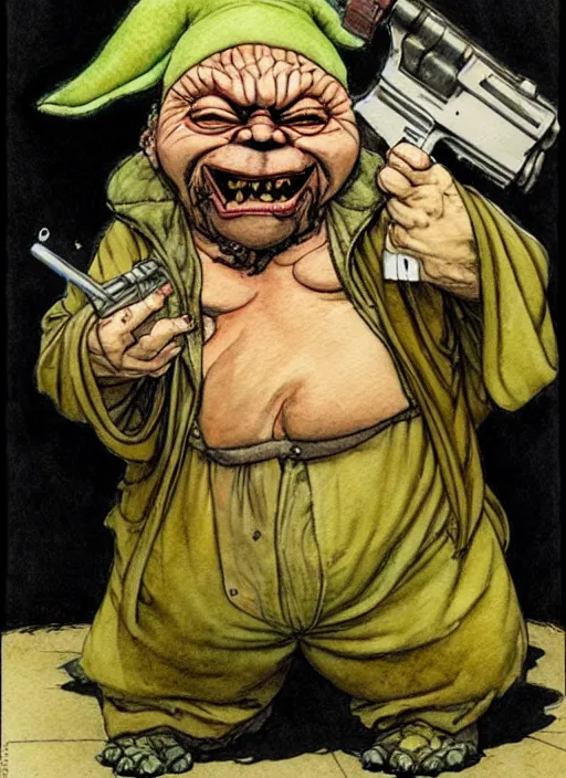 Image similar to a realistic and atmospheric watercolour fantasy character concept art portrait of a fat sleazy homeless chibi yoda wearing a wife beater and holding a handgun, by rebecca guay, michael kaluta, charles vess and jean moebius giraud