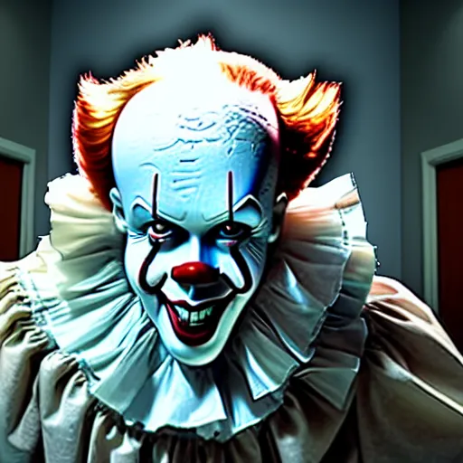 Image similar to a photograph of pennywise dressed as a doctor in a hospital, hyperdetailed, intricate, dramatic, horror movie, movie still, 4 k realistic, volumetric lighting, sharp focus