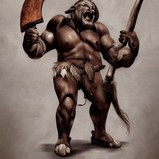 Image similar to Giant minotaur warrior with two handed axe, full body, muscular, dungeons and dragons, hyperrealism, high details, digital painting