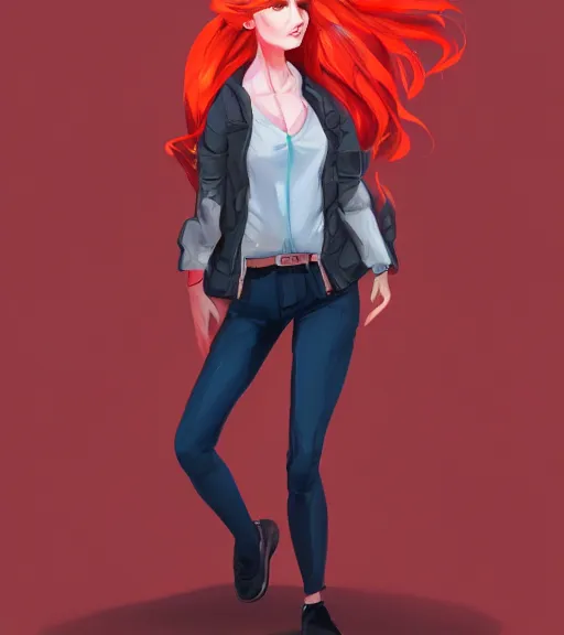 Image similar to a woman wearing a wide jacket, full body shot, red hair, highly detailed, digital painting, artstation, concept art, smooth, sharp focus, illustration