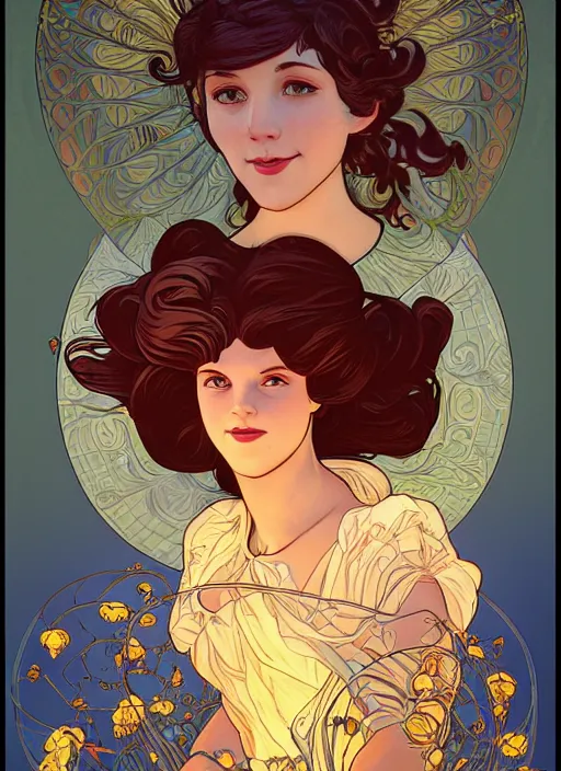 Image similar to well - lit art nouveau portrait of a young innocent girl with hair blowing in the wind in a flower garden with lanterns and fireflies at night,, natural lighting, path traced, highly detailed, high quality, cartoon, digital painting, by don bluth and alphonse mucha and ross tran