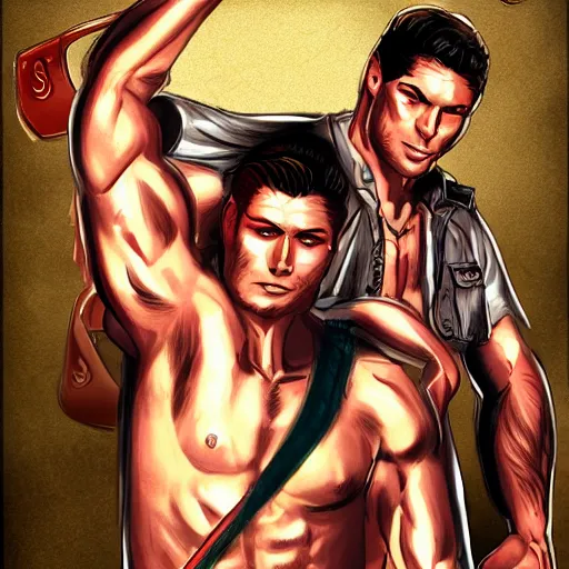 Image similar to Dean Winchester and Sam Winchester as muscular angels at Ram Ranch, cowboys, Tom of Finland, urban fantasy, sharp focus, ultra detailed, artstation