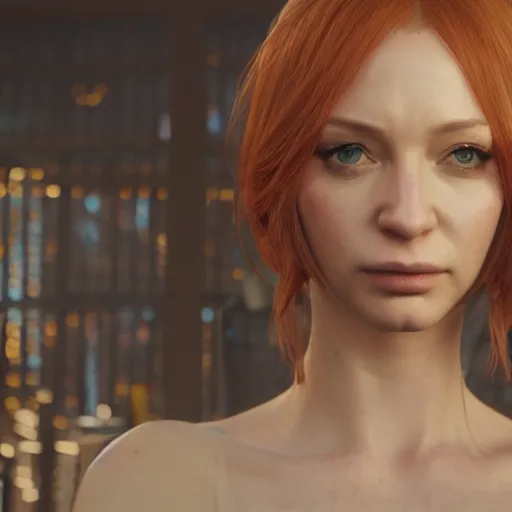 Prompt: a gaming screenshot portrait still of christina hendricks in final fantasy, moebius, greg rutkowski, zabrocki, karlkka, jayison devadas, phuoc quan, trending on artstation, 8 k, ultra wide angle, video game graphics, blue technology sci - fi atmosphere realistic, 3 d game, zenith view, cyberpunk pincushion lens effect