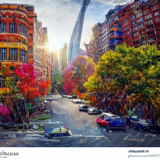 Image similar to a world enriched by health, cities flourishing, nature befriended and grow over buildings, high quality sketch art, optimistic, hopeful, colorful