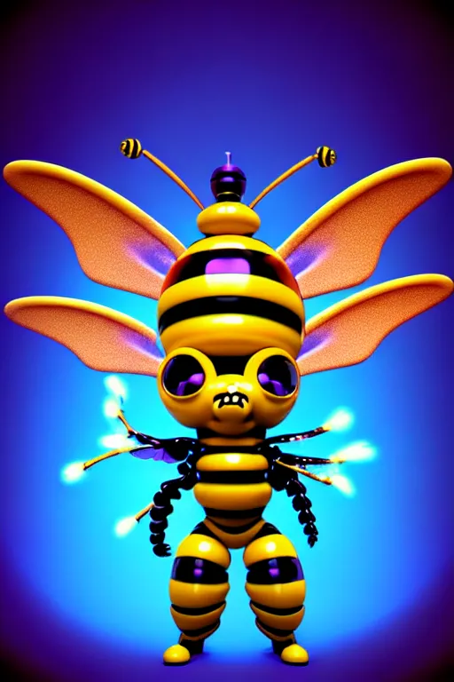 Prompt: 3 d render of chibi cyborg bee demon by ichiro tanida wearing a big cowboy hat covered with melting candles and wearing angel wings against a psychedelic swirly background with 3 d butterflies and 3 d flowers n the style of 1 9 9 0's cg graphics 3 d rendered y 2 k aesthetic by ichiro tanida, 3 do magazine