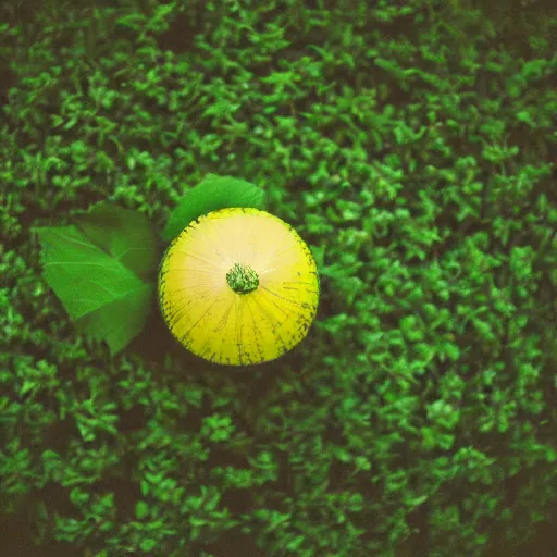 Image similar to completely yellow mellon on a lush green medow. portrait, 3 5 mm