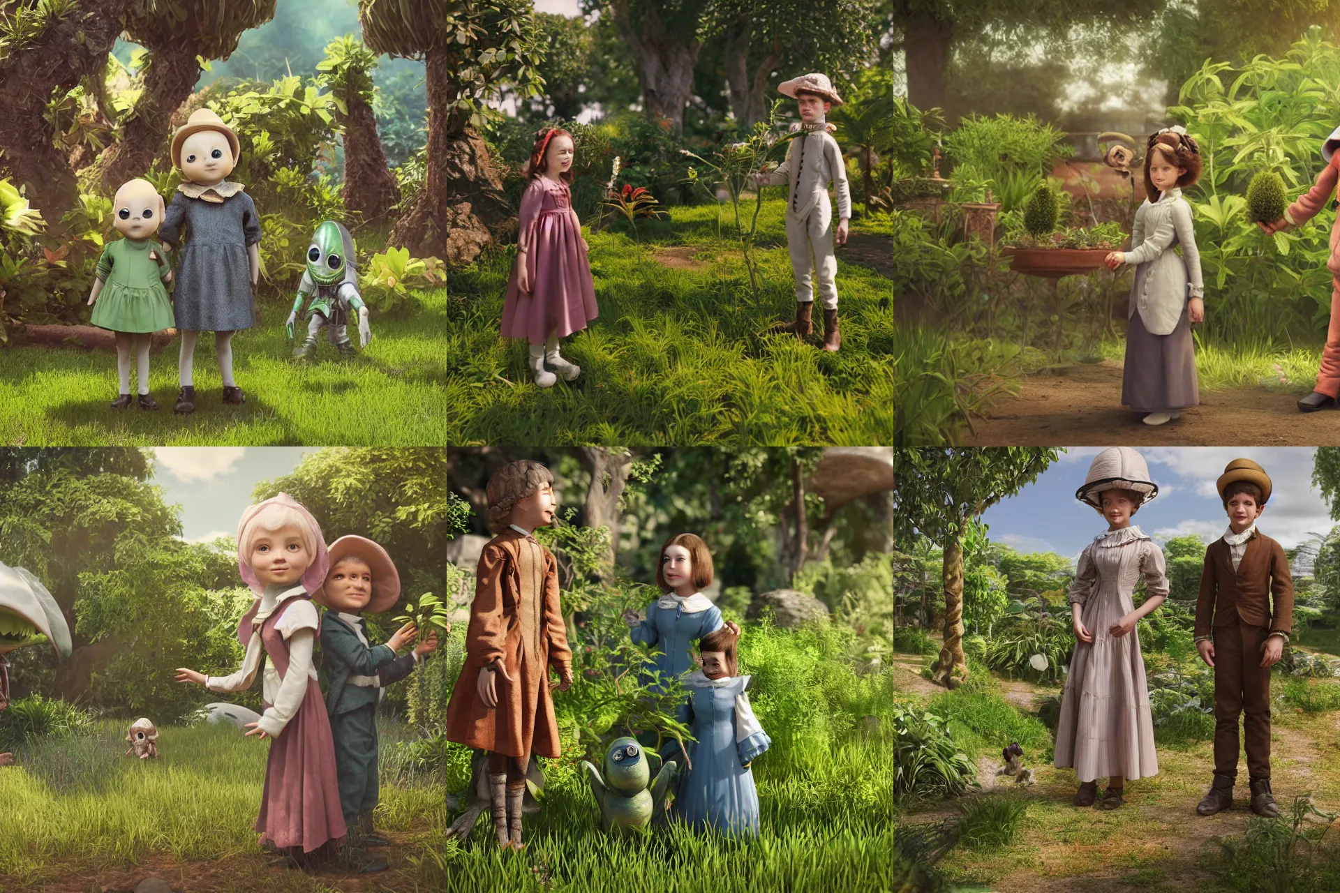 Prompt: a girl and a boy standing next to some alien plants, looking happy, wearing 1850s era clothes, their small cute pet alien creature is playing nearby, in a park on a alien planet, extremely high details, ultra realistic facial details, photorealistic, hyperrealistic, octane render, 8k