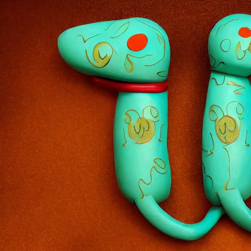 Image similar to written consent of a turquoise wiener - shaped creature with two stick - like heads in the front