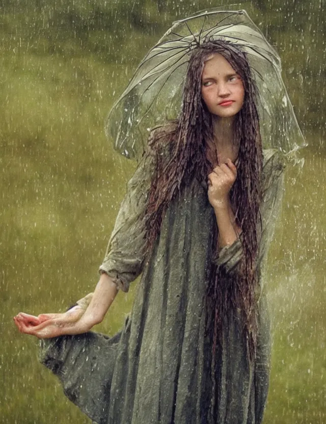 Prompt: wet long hair very beautiful happy peasant girl under the rain, without umbrella, country style, stones and lake background, portrait, Cinematic focus, Polaroid photo, vintage, neutral colors, soft lights, foggy, by Steve Hanks, by Serov Valentin, by lisa yuskavage, by Andrei Tarkovsky 8k render, detailed, oil on canvas