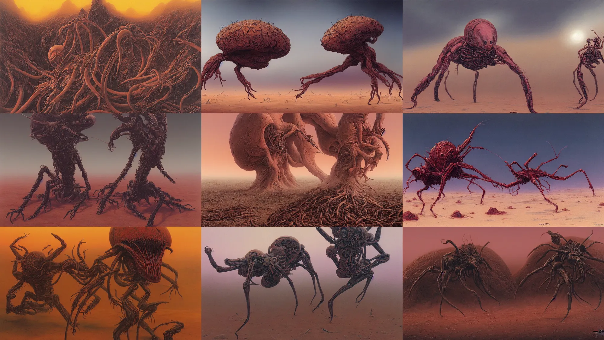 Prompt: painting of alien arachnid creature in a desert storm by wayne barlowe