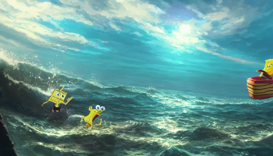 Prompt: A highly detailed matte painting of SpongeBob in the ocean by Studio Ghibli, Makoto Shinkai, by Artgerm, by WLOP, by Greg Rutkowski, volumetric lighting, octane render, 4K resolution, trending on artstation, masterpiece