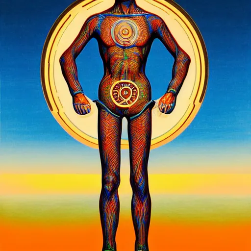 Prompt: ultraman as vitruvian man by james jean and shusei nagaoka, magritte painting, full body, no crop, golden ratio, retrofuturistic, hyper details