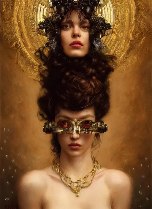 Image similar to highly detailed oil painting | very intricate | cinematic lighting | award - winning | portrait of the goddess of cyberpunk dressed by alexander mcqueen | by roberto ferri, by tom bagshaw, by j. c. leyendecker and klimt, american romanticism, by austin osman spare, artstation, cgsociety, official art, octane