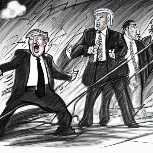 Image similar to highly detailed realistic sketch of donald trump fighting and yelling at a fbi agents, award winning , masterpiece on a scroll , post-processing