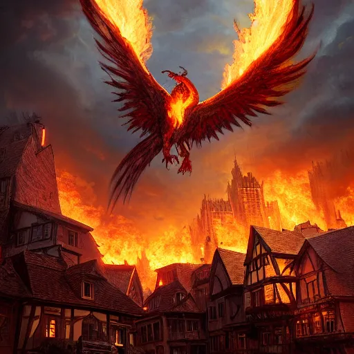 Image similar to Phoenix in fire flying through a medieval town by night, buildings in fire, dark, destruction, post-apocalyptic, DnD character, unreal engine, octane render, dramatic lighting, pond, digital art, by Stanley Artgerm Lau, greg rutkowski, thomas kindkade, alphonse mucha, loish, norman Rockwell